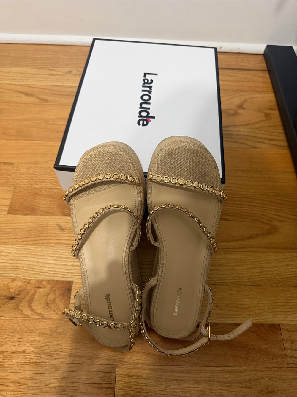 Larroude Beige Mules with Gold Chain Accents